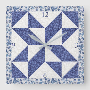 Horloge Carrée Carré de faux quilt en calicot bleu blanc champêtr