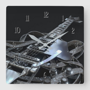 Horloge Carrée Carré de guitare électrique gris argenté