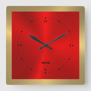 Horloge Carrée Carré en acier inoxydable or & rouge & métal
