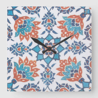 Horloge Carrée Carreau d'art floral vintage bleu rouge blanc