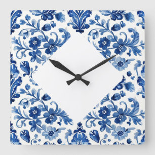 Horloge Carrée Carreau floral bleu portugais vintage