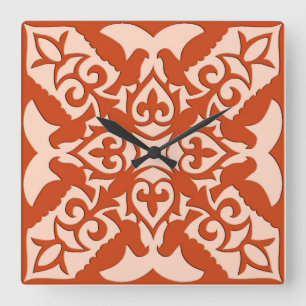 Horloge Carrée Carreau marocain - corail orange et pêche