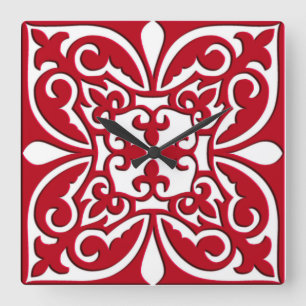 Horloge Carrée Carreau marocain - rouge foncé et blanc
