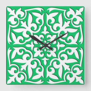 Horloge Carrée Carreau marocain - vert jade et blanc