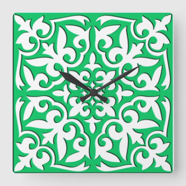 Horloge Carrée Carreau marocain - vert jade et blanc (Recto)