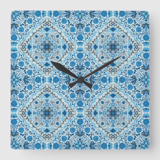 Horloge Carrée Carreaux à fleurs bleus (Recto)