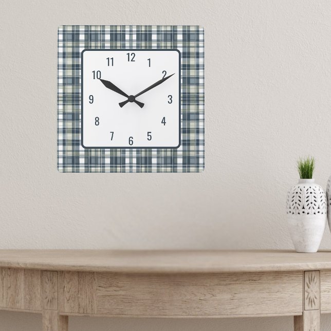 Horloge Carrée Carreaux de denim vert sauge blanc (Créateur téléchargé)