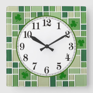 Horloge Carrée Carreaux de verre vert et Shamrocks