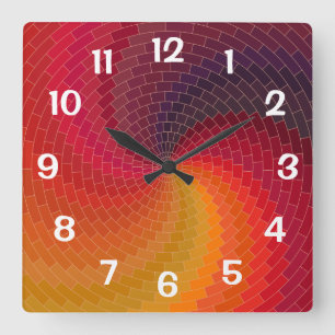 Horloge Carrée Carreaux en spirale abstraits Rouge Jaune Orange