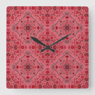 Horloge Carrée Carreaux floraux en rouge et pastèque rose