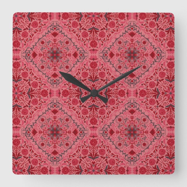Horloge Carrée Carreaux floraux en rouge et pastèque rose (Recto)