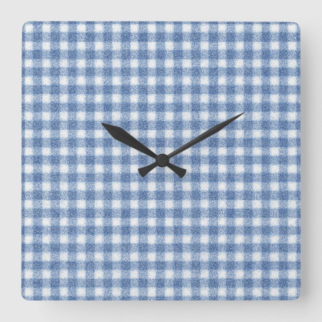 Horloge Carrée Carreaux Gingham Bleu et Blanc Classiques  (Recto)