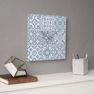 Horloge Carrée Carreaux Méditerranéens, Marocains, Majolique, Azu