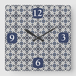 Horloge Carrée Carreaux Portugais Azulejos Vintage Bleu Et Blanc