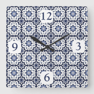 Horloge Carrée Carreaux Portugais Azulejos Vintage Bleu Et Blanc