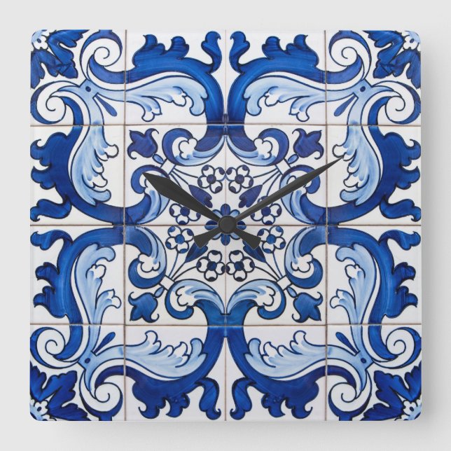 Horloge Carrée Carreaux vernis Portugais Azulejo Style (Recto)