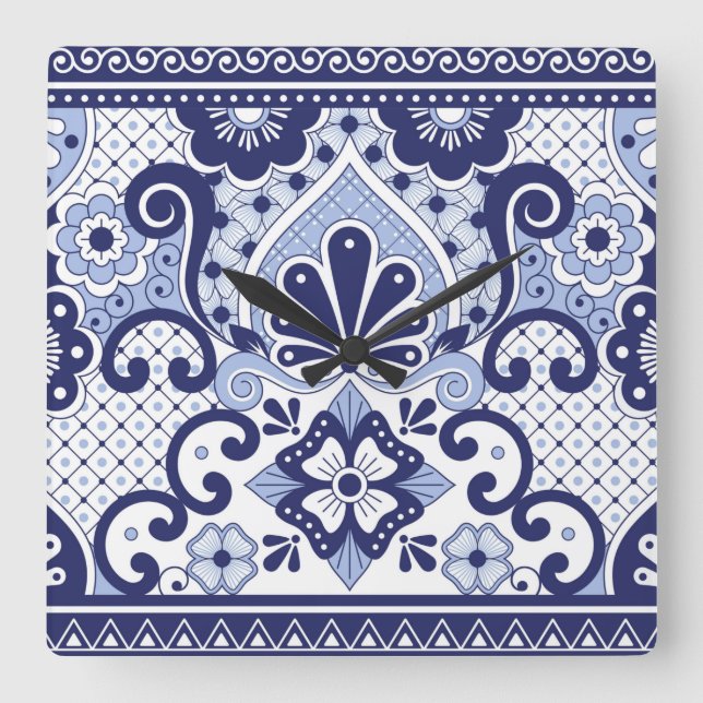 Horloge Carrée Carrelage d'art populaire mexicain Talavera bleu e (Recto)