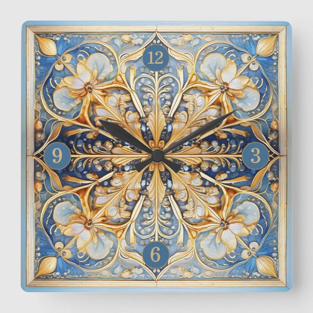 Horloge Carrée Carrelage floral baroque Pat#16 Or bleu ID1078 (Recto)