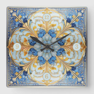 Horloge Carrée Carrelage floral baroque Pat#17 Or bleu doux ID107