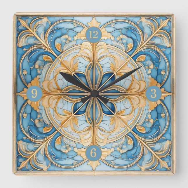 Horloge Carrée Carrelage floral baroque Pat#19 Aqua Blue Gold ID1 (Recto)