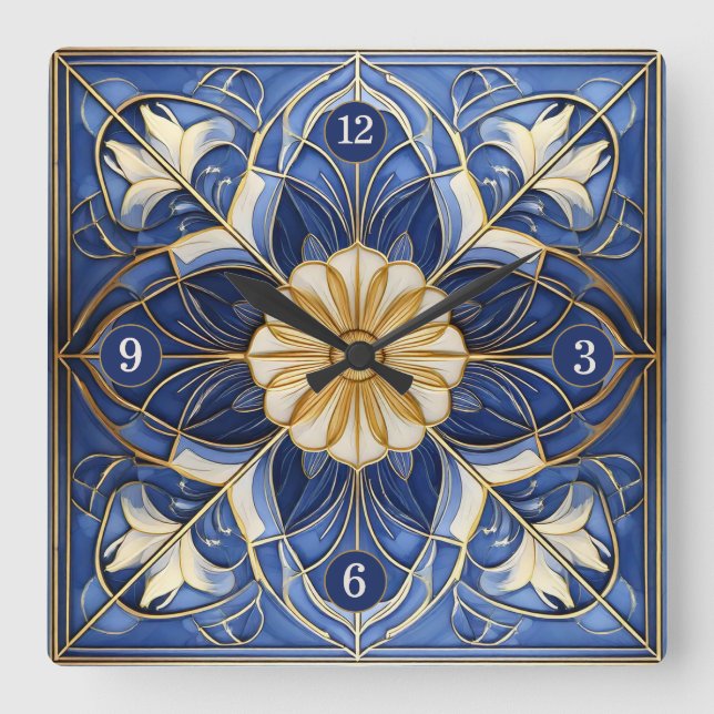 Horloge Carrée Carrelage floral classique Pat #12 bleu jaune ID10 (Recto)