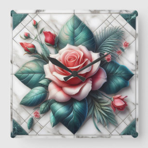 Horloge Carrée Carrelage floral complexe mosaïque