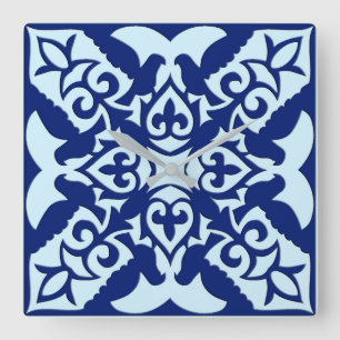 Horloge Carrée Carrelage marocain - bleu marine et bleu clair