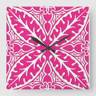 Horloge Carrée Carrelage marocain - rose fuchsia et blanc