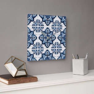 Horloge Carrée Carrelage méditerranéen, Portugais, Azulejo, Majol