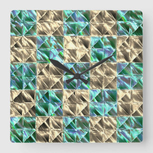 Horloge Carrée Carrelage vert menthe à beige ou échecs tachés