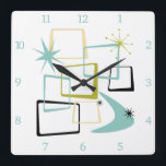 Horloge Carrée Carrés de l'ère atomique Boomerang Starburst Midsi<br><div class="desc">Ajoutez cette touche de plaisir et de couleur à votre mur avec cette fabuleuse horloge murale carré moderne du milieu du siècle ! Ce design présente des carrés abstraits,  des starbursts,  et un boomerang aux couleurs vert avocado,  bleu aqua,  jaune et noir...  si funky !</div>