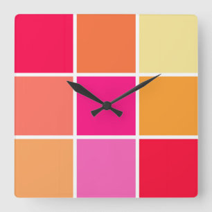 Horloge Carrée Carrés rose, orange et jaune