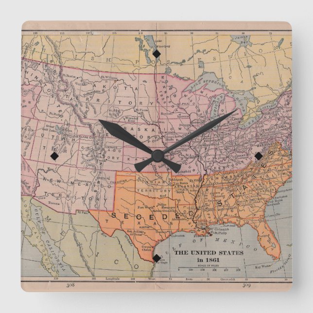 Horloge Carrée Carte 1861 d'ère de guerre civile des USA de cru (Recto)