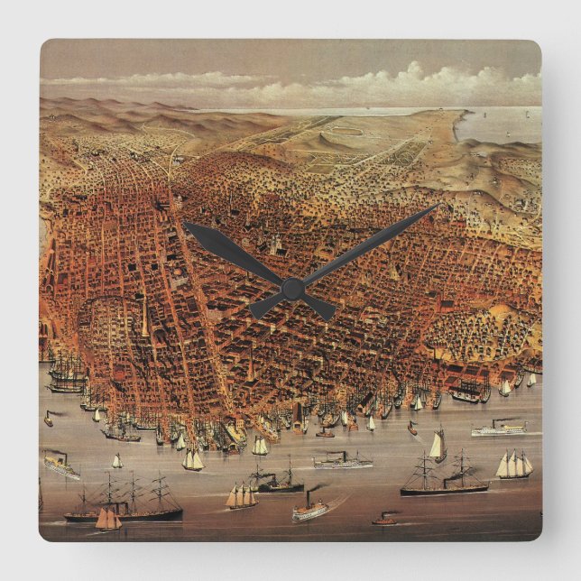 Horloge Carrée Carte aérienne antique, ville de San Francisco, Ca (Recto)