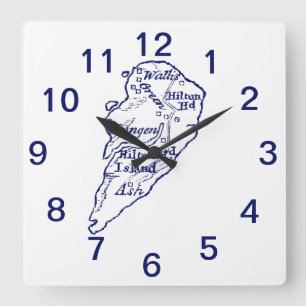 Horloge Carrée Carte ancienne de l'île de Hilton Head SC Bleu mar