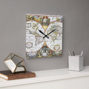 Horloge Carrée Carte ancienne du monde par Hendrik Hondius, 1630