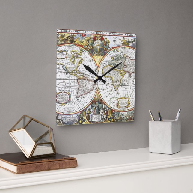 Horloge Carrée Carte ancienne du monde par Hendrik Hondius, 1630 (Bureau)