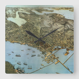 Horloge Carrée Carte ancienne vue aérienne Ville de Seattle Washi