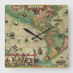 Horloge Carrée Carte antique du monde des Amériques par Hondius