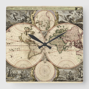 Horloge Carrée Carte antique du monde par Nicolao Visscher, circa