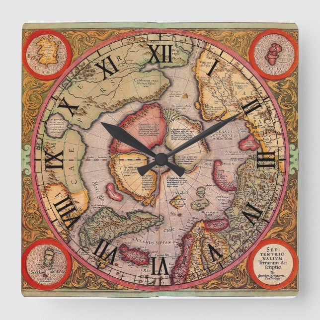 Horloge Carrée Carte antique du pôle Nord par Mercator (Recto)