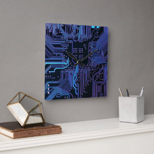 Horloge Carrée Carte cool de circuit d'ordinateur bleu