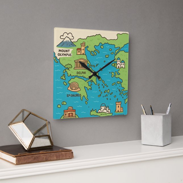 Horloge Carrée Carte de Grèce en dessin animé – Monuments illustr (Bureau)