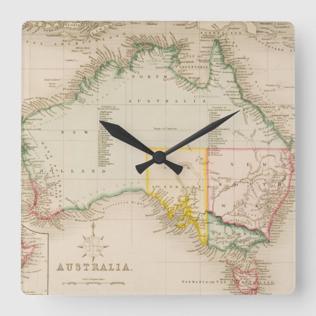 Horloge Carrée Carte de l'Australie et de la Nouvelle Zélande (Recto)