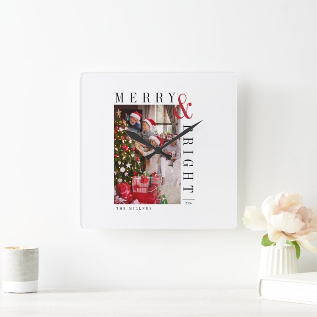 Horloge Carrée Carte de Noël de famille Moderne Texte de Fêtes (Maison)