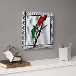 Horloge Carrée Carte de Palestine avec drapeau et Motif Keffiyeg