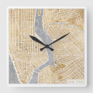 Horloge Carrée Carte dorée de ville de New York