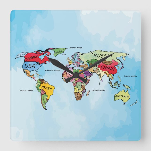 Horloge Carrée Carte du monde (Recto)