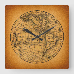 Horloge Carrée Carte du monde antique Art Vintage