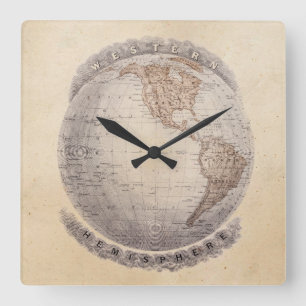 Horloge Carrée Carte du monde des années 1800 vintage Hémisphère